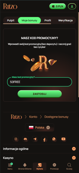 aktywacja kodu promocyjnego od Ritzo Kasyno
